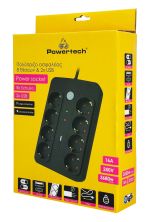 POWERTECH πολύπριζο ασφαλείας PT-1535, 8 θέσεων, με USB & USB-C θύρες, 16A, 1.5m, μαύρο