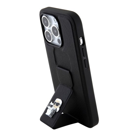 Karl Lagerfeld Karl + Choupette Metal Pin Saffiano Gripstand Case iPhone 15 Pro (Black – KLHCP15LGSAKCPK)
