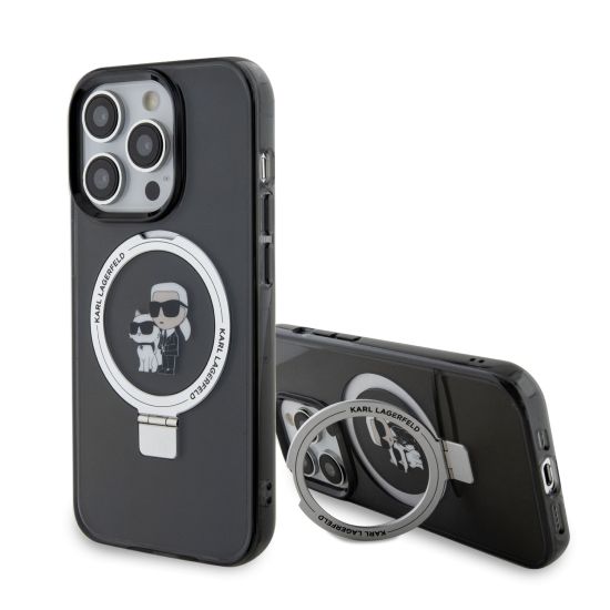 Karl Lagerfeld Magsafe Ringstand Case “Karl & Choupette’s Head”  iPhone 15 Pro (Black – KLHMP15LHMRSKCK)