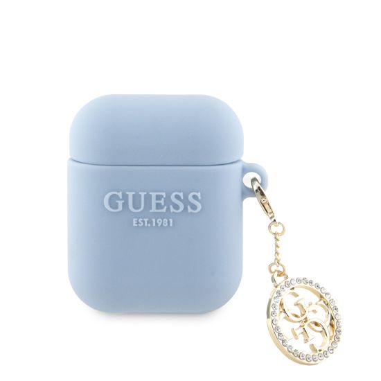 Guess “3D Logo Charm Collection” Θήκη προστασίας απο Σιλικόνη για Apple Airpods 1/2 με χρυσό κρεμαστό στολίδι (Light Blue)