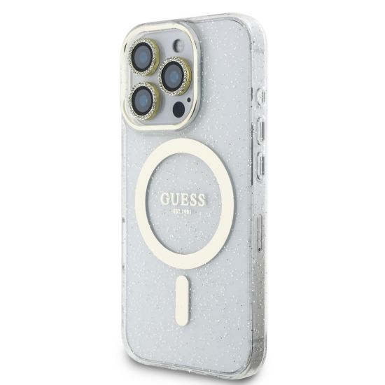 Guess IML Magsafe Case “Rhinestone Gold Lens + Screen”  – iPhone 16 Pro (Clear/Glitter – GUOBPLTP16LHCMCGT)