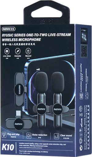 Remax Κ10 Live-Stream One-to-Two Lightning Σετ Ασύρματο Μικρόφωνο Πέτου, Clip On για Φωνητικά