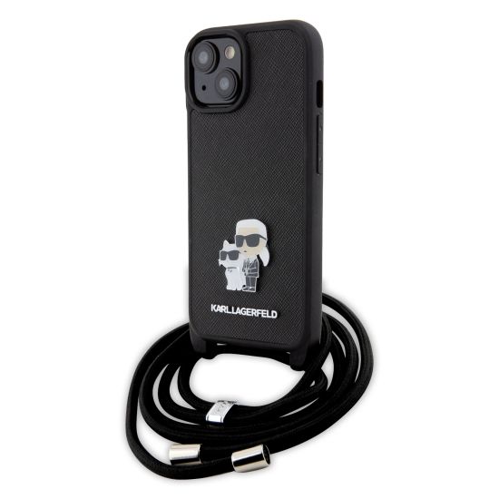 Karl Lagerfeld Crossbody K+C Metal Pin Saffiano Hard Case  δερματίνη με λουράκι – iPhone 15 (Μαύρο – KLHCP15SSAKCPSK)
