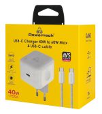 POWERTECH φορτιστής τοίχου PT-1581 με καλώδιο, USB-C, 40 έως 60W, GaN, AVS, λευκός