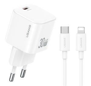 USAMS φορτιστής τοίχου CC262 με καλώδιο Lightning, 30W, GaN, λευκός