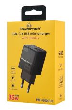 POWERTECH φορτιστής τοίχου PT-1499 με οθόνη, USB/USB-C, 35W, GaN, μαύρος