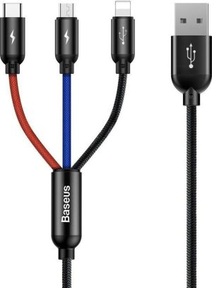 Baseus CAMLT-BSY01 Three Primary Colors 3-in-1 Braided USB to Lightning / Type-C / micro USB Cable 3A Μαύρο 1.2m