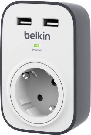 Belkin SurgePlus Μονή Εξωτερική Πρίζα Ρεύματος Ασφαλείας με 2 Θύρες USB Λευκή