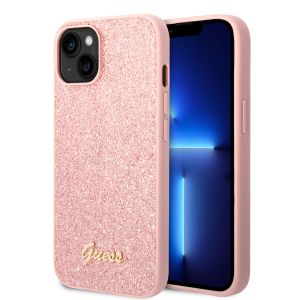 Guess Glitter Flakes Case with Ikonik Patch and Vintage Script Logo Θήκη προστασίας από σιλικόνη – iPhone 14 (Glitter Pink)
